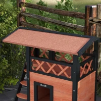 PawHut Cat House Outdoor w/ Balcony Stairs Roof, 77 x 50 x 73 cm, Brown(m-7)