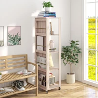 HOMCOM Libreria Portariviste Moderna a 4 Ripiani in Legno con Rotelle, 40x40x150cm, Quercia(m-6)