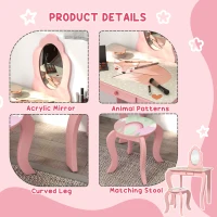 ZONEKIZ Kids Dressing Table with Mirror, Stool, Drawer, Cute Animal Design - Pink(m-6)