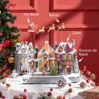 HOMCOM Aldeia de Natal  Cena de Decoração Natalícia Iluminada com Luzes LED Árvore de Natal Pai Natal e Renos 38,5x20,5x33cm Multicor(m-4)