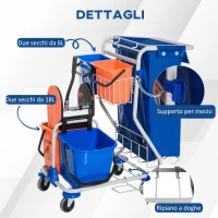 HOMCOM Carrello Pulizie Professionale con Sacco per Immondizia, 2 Secchi Lavapavimenti 18L, 2 Secchio Portaoggetti 6L, Strizzatore per Mocio, Gancio e Ruote per Hotel e Albergo, 93x80x97 cm, Arancione(m-7)