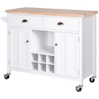 HOMCOM Carrito Auxiliar de Cocina con Ruedas Isla de Cocina Multiusos con Cajones Botellero Armarios Cerrados y Estante Cajón Blanco 113x45x89cm(m-11)