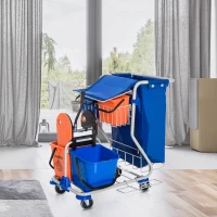 HOMCOM Carrello Pulizie Professionale con Sacco per Immondizia, 2 Secchi Lavapavimenti 18L, 2 Secchio Portaoggetti 6L, Strizzatore per Mocio, Gancio e Ruote per Hotel e Albergo, 93x80x97 cm, Arancione(m-2)