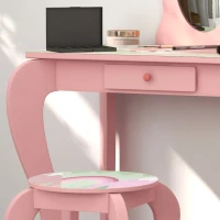 ZONEKIZ Kids Dressing Table with Mirror, Stool, Drawer, Cute Animal Design - Pink(m-8)