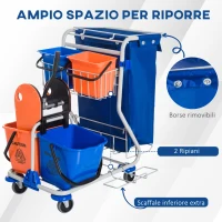 HOMCOM Carrello Pulizie Professionale con Sacco per Immondizia, 2 Secchi Lavapavimenti 18L, 2 Secchio Portaoggetti 6L, Strizzatore per Mocio, Gancio e Ruote per Hotel e Albergo, 93x80x97 cm, Arancione(m-4)