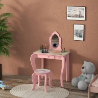 ZONEKIZ Kids Dressing Table with Mirror, Stool, Drawer, Cute Animal Design - Pink(m-10)