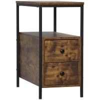 HOMCOM Side Table with 2 Drawers and Storage Shelf, Narrow End Table Bedside Table with Metal Frame for Small Spaces, Rustic Brown(m-1)