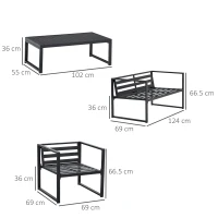 Outsunny Set Mobili da Giardino con Divano 2 Posti, 2 Poltrone e Tavolino in Alluminio con Cuscini, Grigio e Nero(m-3)
