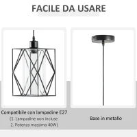 HOMCOM Lampadario Vintage in Stile Industriale, Lampada da Soffitto, Lampadario Salotto Cavo Regolabile, Nero, 16x16x120cm(m-6)