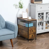 HOMCOM Side Table with 2 Drawers and Storage Shelf, Narrow End Table Bedside Table with Metal Frame for Small Spaces, Rustic Brown(m-2)