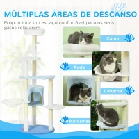 PawHut Arranhador para Gatos com Postes de Sisal Caverna Cama Rede e Bola de Brinquedo Ø54,5x155 cm Branco e Azul(m-5)