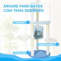 PawHut Arranhador para Gatos com Postes de Sisal Caverna Cama Rede e Bola de Brinquedo Ø54,5x155 cm Branco e Azul(m-4)