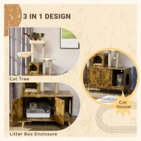 PawHut Cat Litter Box Enclosure, with Tree Tower, Cat House, Hammock, Cushion - Rustic Brown(m-4)