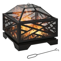 Outsunny Outdoor Metal Fire Pit Brazier w/ Grill Shelf, Lid, Poker for Camping, BBQ, 2 in 1, 66 x 66 x 66cm, Black