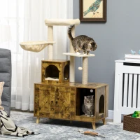 PawHut Cat Litter Box Enclosure, with Tree Tower, Cat House, Hammock, Cushion - Rustic Brown(m-10)