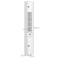 kleankin Coluna Casa de Banho Moderna com 1 Gaveta 5 Prateleiras Ajustáveis e 2 Armários 20x20x180 cm Branco(m-3)