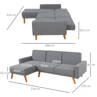 HOMCOM Divano Letto Angolare con Penisola Componibile Schienale Reclinabile e Struttura in Legno in Tessuto Grigio(m-3)