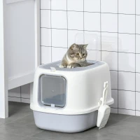 PawHut Caja de Arena para Gatos Arenero Cerrado para Gatos con Entrada Delantera Salida Superior Bandeja Extraíble y Pala 40x53,5x37,5 cm Crema y Gris(m-2)