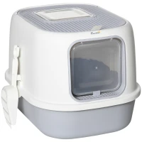 PawHut Caja de Arena para Gatos Arenero Cerrado para Gatos con Entrada Delantera Salida Superior Bandeja Extraíble y Pala 40x53,5x37,5 cm Crema y Gris(m-1)
