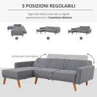 HOMCOM Divano Letto Angolare con Penisola Componibile Schienale Reclinabile e Struttura in Legno in Tessuto Grigio(m-7)
