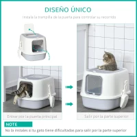 PawHut Caja de Arena para Gatos Arenero Cerrado para Gatos con Entrada Delantera Salida Superior Bandeja Extraíble y Pala 40x53,5x37,5 cm Crema y Gris(m-6)