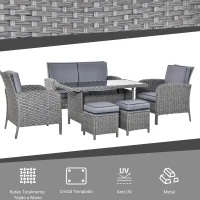 Outsunny Conjunto de Muebles de Jardín 6 Piezas de Ratán con Mesa de Centro Sofá Doble 2 Sillones Individuales 2 Taburetes con Cojines para Patio Porche Terraza Gris(m-4)