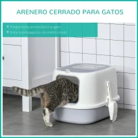 PawHut Caja de Arena para Gatos Arenero Cerrado para Gatos con Entrada Delantera Salida Superior Bandeja Extraíble y Pala 40x53,5x37,5 cm Crema y Gris(m-4)