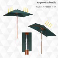 Outsunny Sombrilla Terraza Exterior 200x150 cm Sombrilla de Jardín Rectangular con Ángulo Ajustable Mástil de Madera y Manivela Parasol para Patio Terraza Verde(m-4)