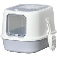 PawHut Caja de Arena para Gatos Arenero Cerrado para Gatos con Entrada Delantera Salida Superior Bandeja Extraíble y Pala 40x53,5x37,5 cm Crema y Gris(m-10)