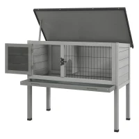 PawHut Wooden Guinea Pig Hutch, Small Animal Cage with Slide-out Tray, Openable Asphalt Roof, 84 x 43 x 70cm, Grey(m-11)