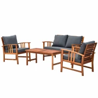 Outsunny 4er-Set Gartenmöbel Holz Sitzgruppe Garnitur Lounge mit Kissen Tisch Sessel Braun 3–4 Personen(m-1)
