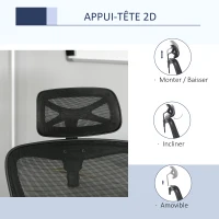 Vinsetto Chaise Bureau Ergonomique Fauteuil de Bureau Grand Confort avec Appui-tête et Dossier inclinable Hauteur Assise réglable Tissu Maille Noir(m-6)