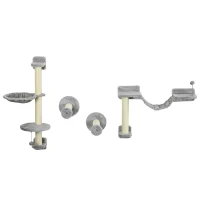 PawHut Four-Piece Cat Wall Furniture with Hammock, Perches, Ladder, Scratching Post, Grey(m-11)