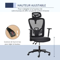 Vinsetto Chaise Bureau Ergonomique Fauteuil de Bureau Grand Confort avec Appui-tête et Dossier inclinable Hauteur Assise réglable Tissu Maille Noir(m-4)