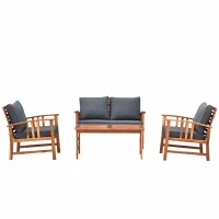 Outsunny 4er-Set Gartenmöbel Holz Sitzgruppe Garnitur Lounge mit Kissen Tisch Sessel Braun 3–4 Personen(m-10)
