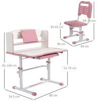 ZONEKIZ Height Adjustable Kids Study Table and Chair Set, with Drawer, Storage Shelf, 80 x 54.5 x 104 cm, Pink(m-3)