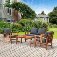 Outsunny 4er-Set Gartenmöbel Holz Sitzgruppe Garnitur Lounge mit Kissen Tisch Sessel Braun 3–4 Personen(m-2)
