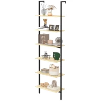HOMCOM Étagère échelle mural bibliothèque style industriel 6 étagères acier noir aspect bois naturel dim. 60L x 30l x 206H cm(m-11)
