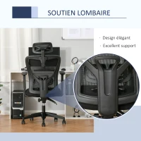 Vinsetto Chaise Bureau Ergonomique Fauteuil de Bureau Grand Confort avec Appui-tête et Dossier inclinable Hauteur Assise réglable Tissu Maille Noir(m-7)
