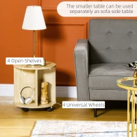 HOMCOM Set de 2 Mese de Cafea Rotunde, Set de Mese cu Masa de Cafea din Sticla, Noptiera pe Roti cu 4 Rafturi de Depozitare, Mese Laterale Moderne pentru Camera de Zi, Auriu, Stejar(m-5)