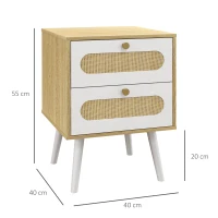 HOMCOM Noptiera, Noptiera Mica cu 2 Sertare, Element de Ratan si Picioare din Lemn, Masa Laterala Boho pentru Dormitor, Camera de Zi, Stejar(m-3)