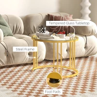 HOMCOM Set de 2 Mese de Cafea Rotunde, Set de Mese cu Masa de Cafea din Sticla, Noptiera pe Roti cu 4 Rafturi de Depozitare, Mese Laterale Moderne pentru Camera de Zi, Auriu, Stejar(m-6)