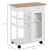 HOMCOM Carrinho de Cozinha de madeira com porta de vidro e 2 prateleiras e 4 rodinhas Branco 70x37x85 cm(m-3)