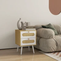 HOMCOM Noptiera, Noptiera Mica cu 2 Sertare, Element de Ratan si Picioare din Lemn, Masa Laterala Boho pentru Dormitor, Camera de Zi, Stejar(m-8)