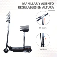 HOMCOM Patinete Eléctrico Plegable para Niños y Adolescentes de +7 Años Scooter con Luz LED Manillar Ajustable en Altura y Asiento Opcional Velocidad Max. de 10 km/h Carga 70 kg 76x38x80-96 cm Negro(m-6)