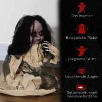 Outsunny Halloween-decoratie van 83 cm Bewegende spookpop met speciale effecten en geluidsfunctie, rode ogen met kroonluchters, gemotoriseerde wielen, horrorpop(m-7)