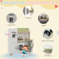 AIYAPLAY Cozinha de Madeira para Crianças com Máquina de Gelo Lavatório de Aço Inoxidável e Utensílios 84x34x89 cm Branco(m-4)