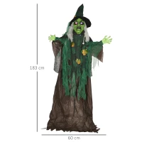HOMCOM Czarownica na Halloween, Dekoracja z Funkcją Dźwiękową, z Sensorem Ruchu i Światłami LED, 60 cm x 18 cm x 183 cm(m-3)