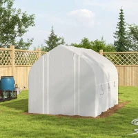 Outsunny 3 x 2(m) Walk-in Polytunnel Greenhouse, Zipped Roll Up Sidewalls, Mesh Door, 6 Mesh Windows, Tunnel Warm House Tent with PE Cover, Complimentary Plant Labels and Gloves, White(m-10)
