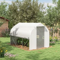 Outsunny 3 x 2(m) Walk-in Polytunnel Greenhouse, Zipped Roll Up Sidewalls, Mesh Door, 6 Mesh Windows, Tunnel Warm House Tent with PE Cover, Complimentary Plant Labels and Gloves, White(m-2)